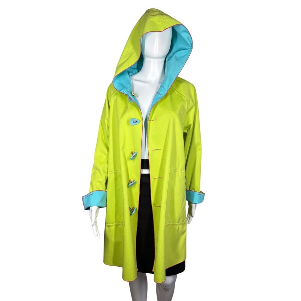 UBU Piped Reversible Parisian Style Bright Blue Lime Green Hooded Raincoat Small - Picture 6 of 11